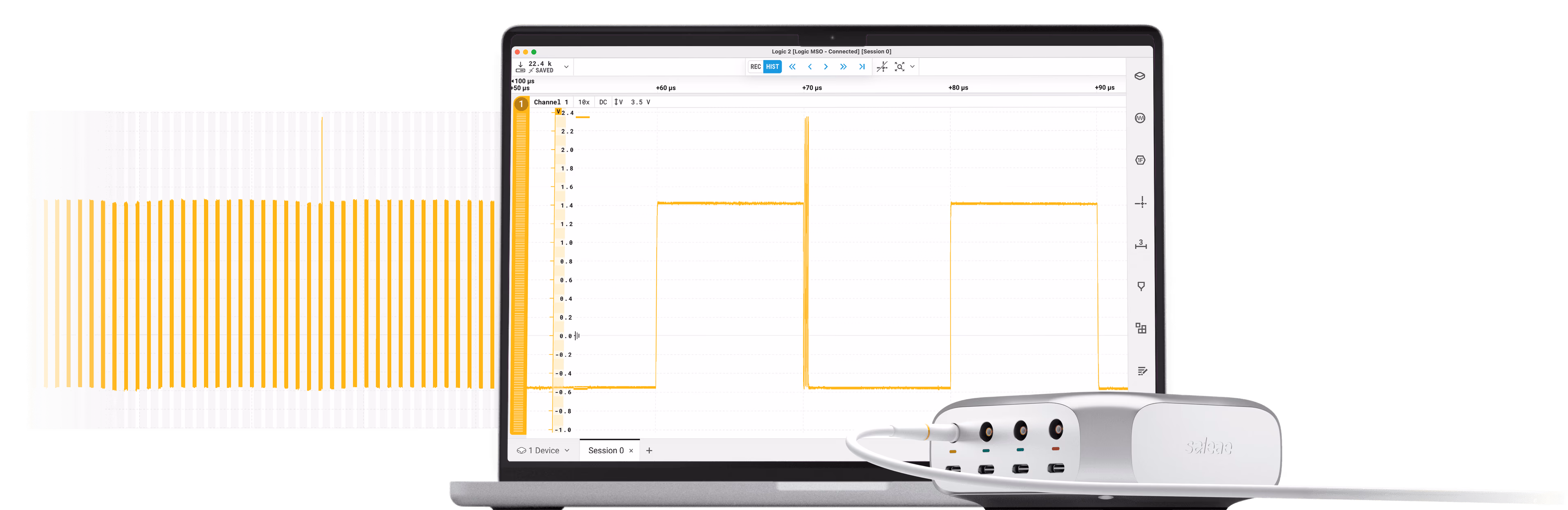 Saleae Logic MSO software showing captured waveform with single-shot capture